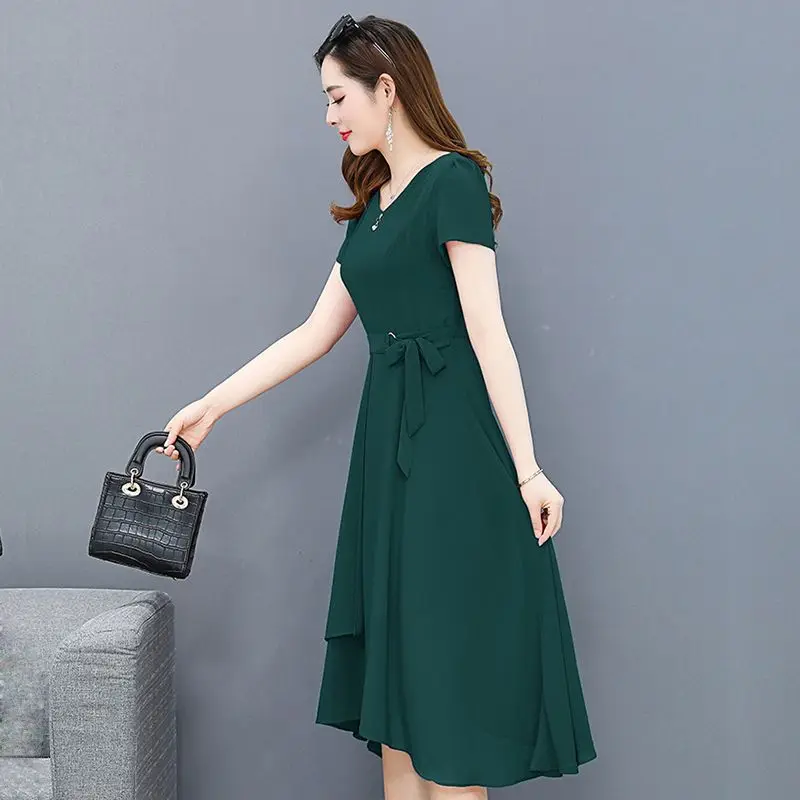 Red Dresses Women Chiffon Mid-length Dress Summer Short Sleeve Korean Chic Lace-up A-line Robe Green Blue New