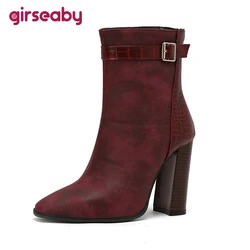 Girseaby Women Fashion Pointed Toe Ankle Boots 10cm Thick Heels Leather Buckle Big Size US16 45 47 49 50 White Brown Blue Party