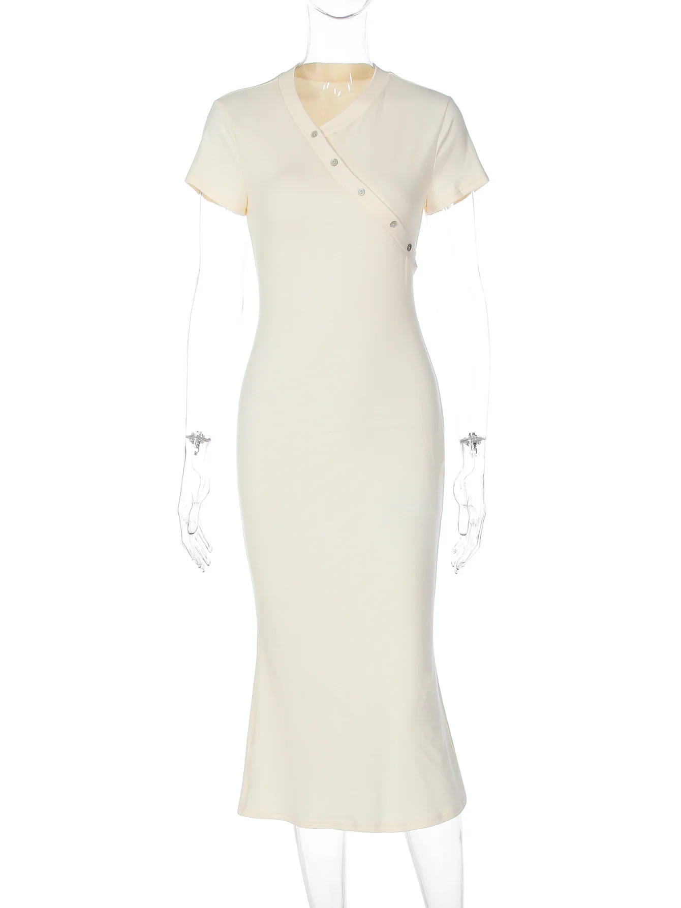 เดรสเสื้อยืดแขนสั้นคอวีติดกระดุม ความยาวกลางน่อง สไตล์สตรีทแวร์ สำหรับผู้หญิง ดีไซน์หรูหราเข้ารูป สีพื้น เหมาะสำหรับงานปาร์ตี้และงานกลางคืน ประจำฤดูใบไม้ร่วงปี 2025