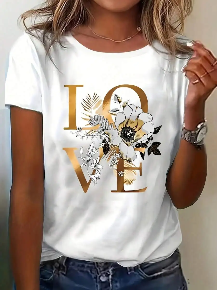 

Women's Summer Casual Short-Sleeve T-Shirt - Floral LOVE Letter Print Round Neck Top, Medium Stretch