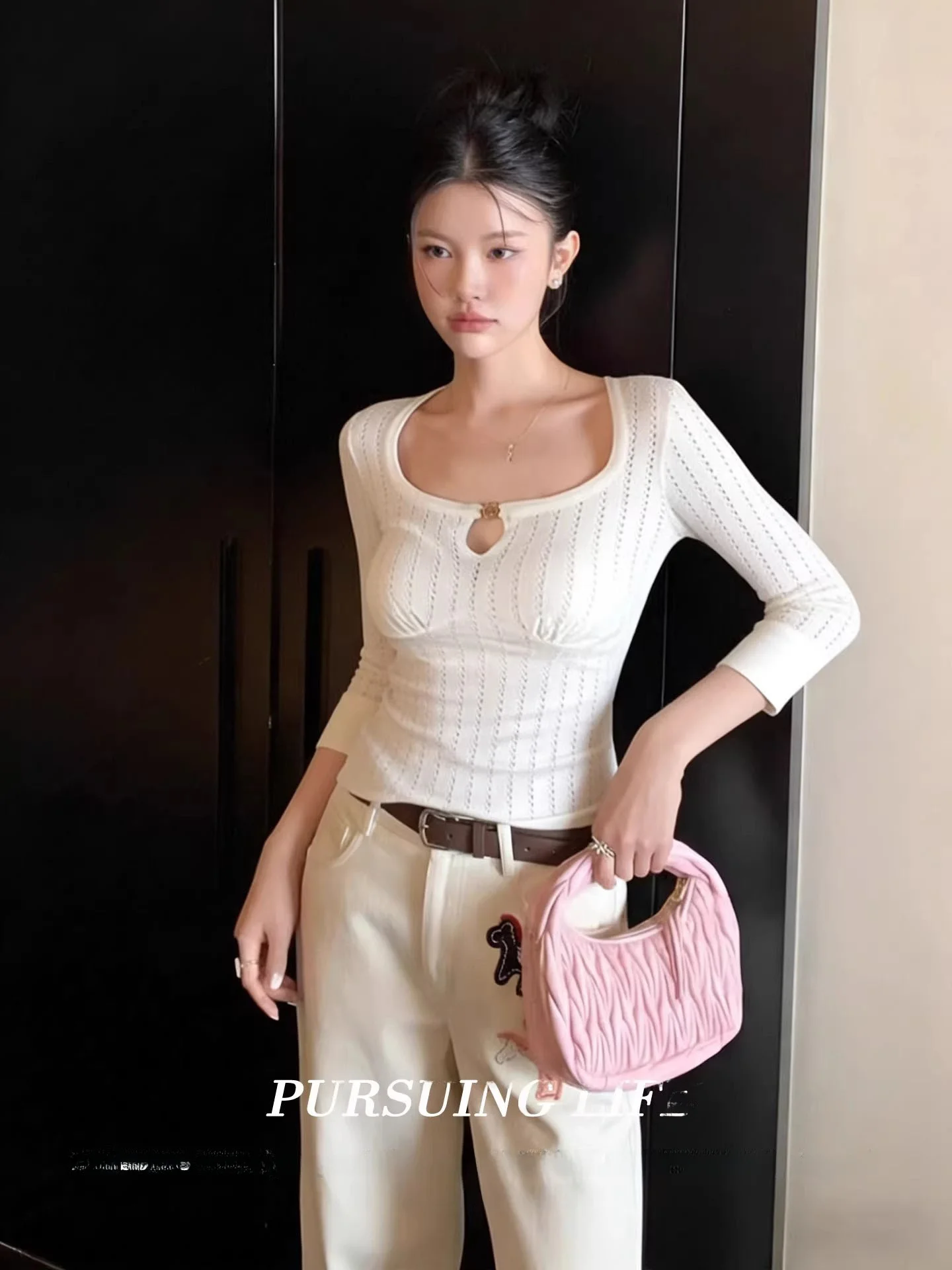 

Korean Sle Hollow out Square Ne Knitwear Women's Spring Breathable Nine Sve Base irt Slim Fit Trendy Top