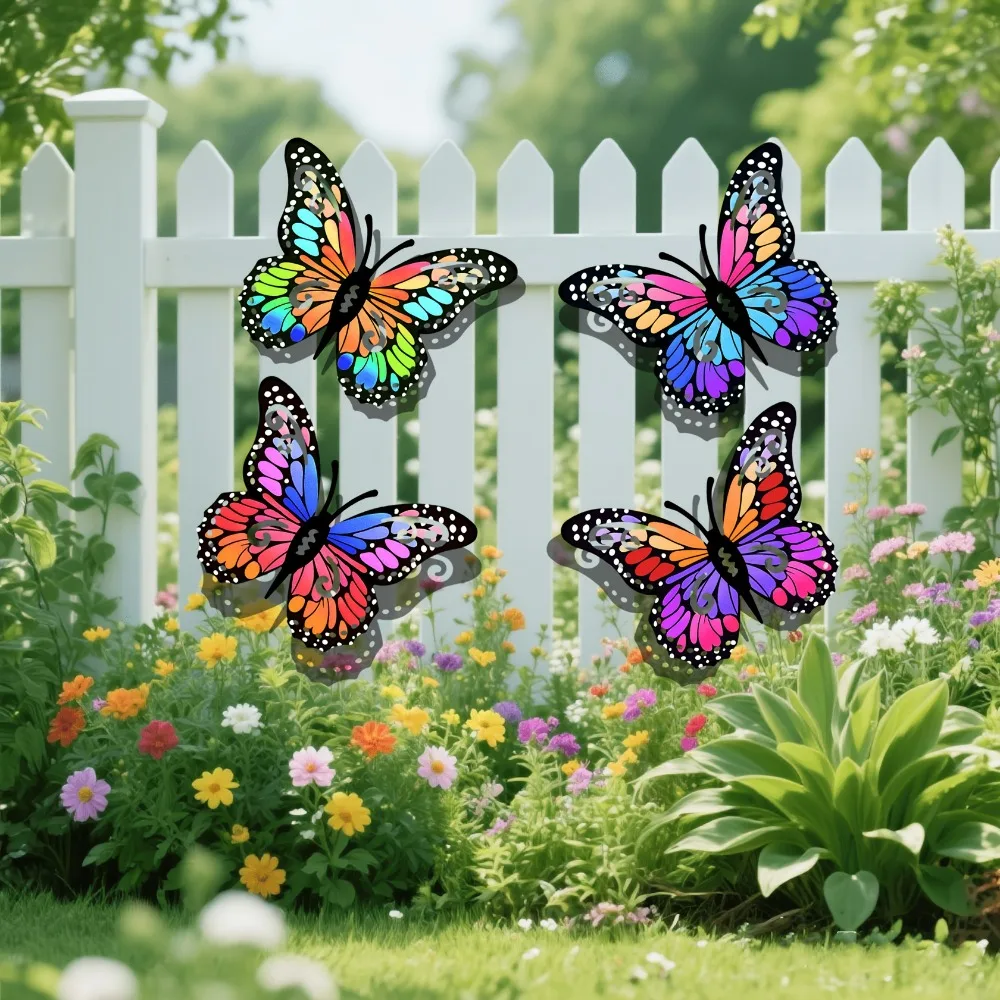 Four vibrant wrought iron butterflies with their three dimensional lively openwork design and saturated colors