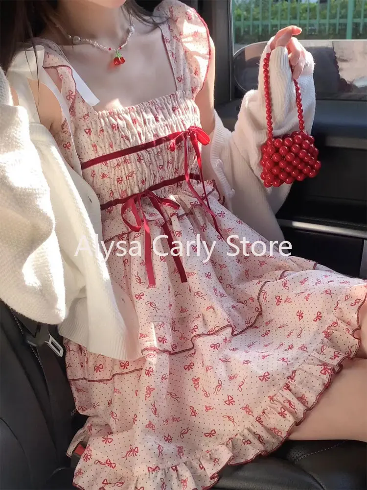 Sweet Floral Kawaii Fairy Dress Women Vintage Korean Elegant Party Mini Dresses Lace Print Casual Cute Casual Dress Summer 2023