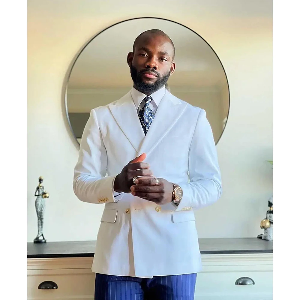 

New Double Breasted Men Suit 2 Pcs White Blazer+ Pants Handsome Slim Wedding Formal Work Causal Tailored Set