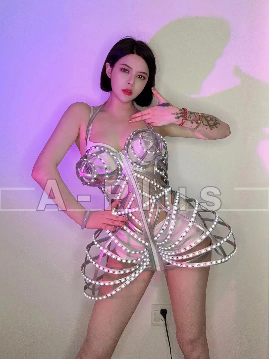 Light up Hollow Dress glowing DJ lady gaga Dresses Costume Singer Party Show Lumious Outfit