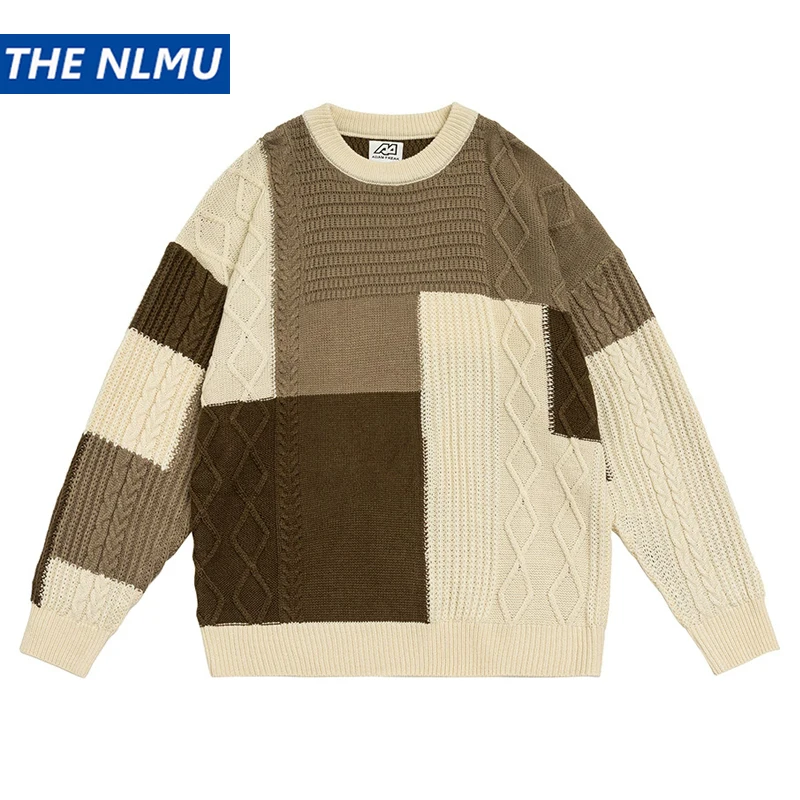 Men Japanese Style Color Block O-Neck Pullover Sweater Casual Knit Outerwear Tops