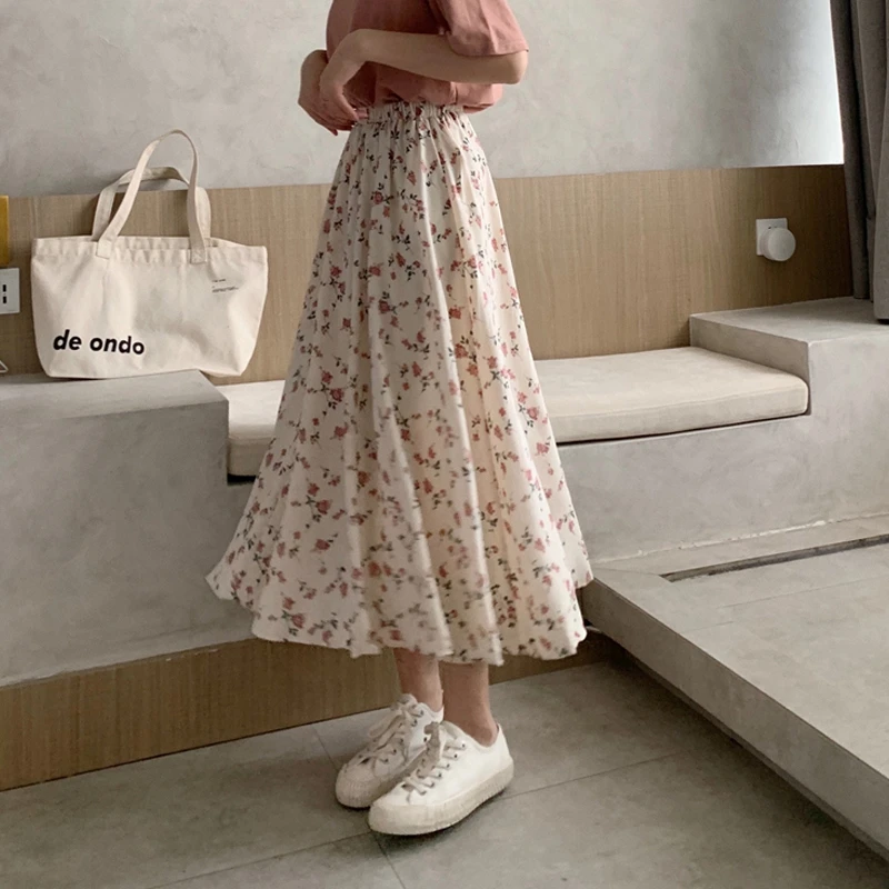 Elastic Waist Midi Skirt Vintage Floral Print A-line Pleated Long Skirts Summer Women 2023 Korean Skirt Streetwear Drawstring 