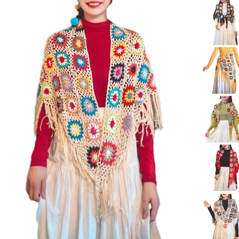 

Ethnic Fringed Shawl Cloak Crocheted Cape Ponchos for Travelling Bohemian Style Cape Sweater for Women Fashion Jumpers