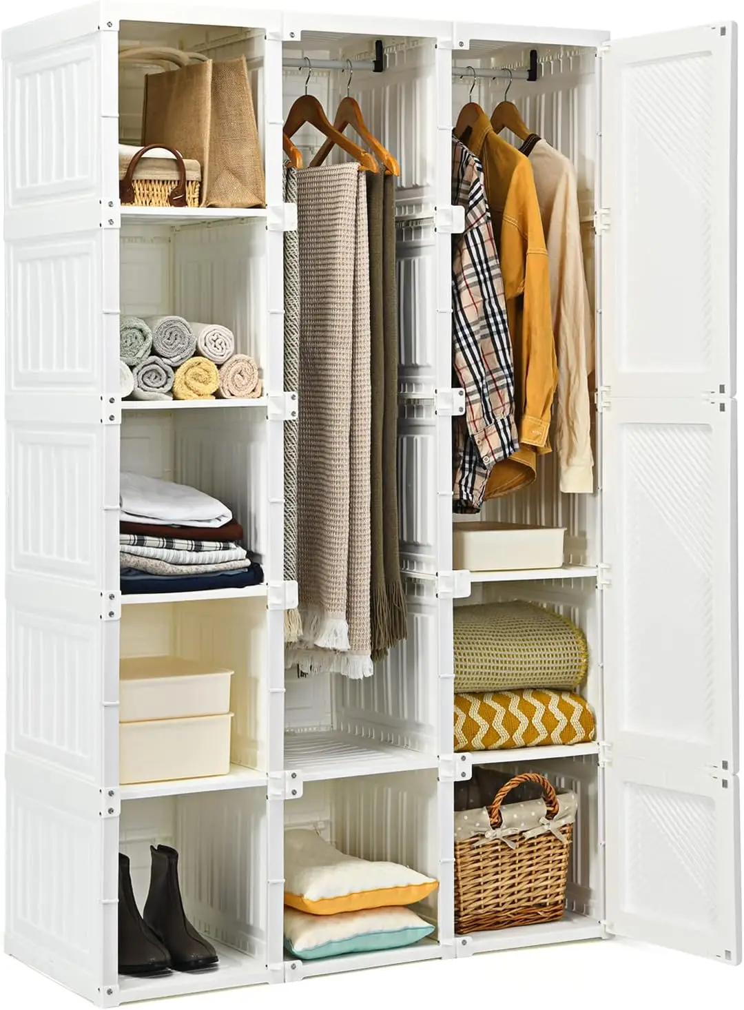 Wardrobe, Foldable Clothes Organizer with Cubby Storage, Hanging Rods, Easy Assemble Clothing Storage with Magnet Doors, Folding