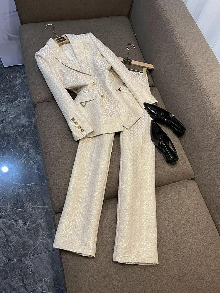 세련된 가을 겨울 플로럴 자수 미디 길이 수트 팬츠 세트 투피스 세트 셀레브리티 영감 여성 의류