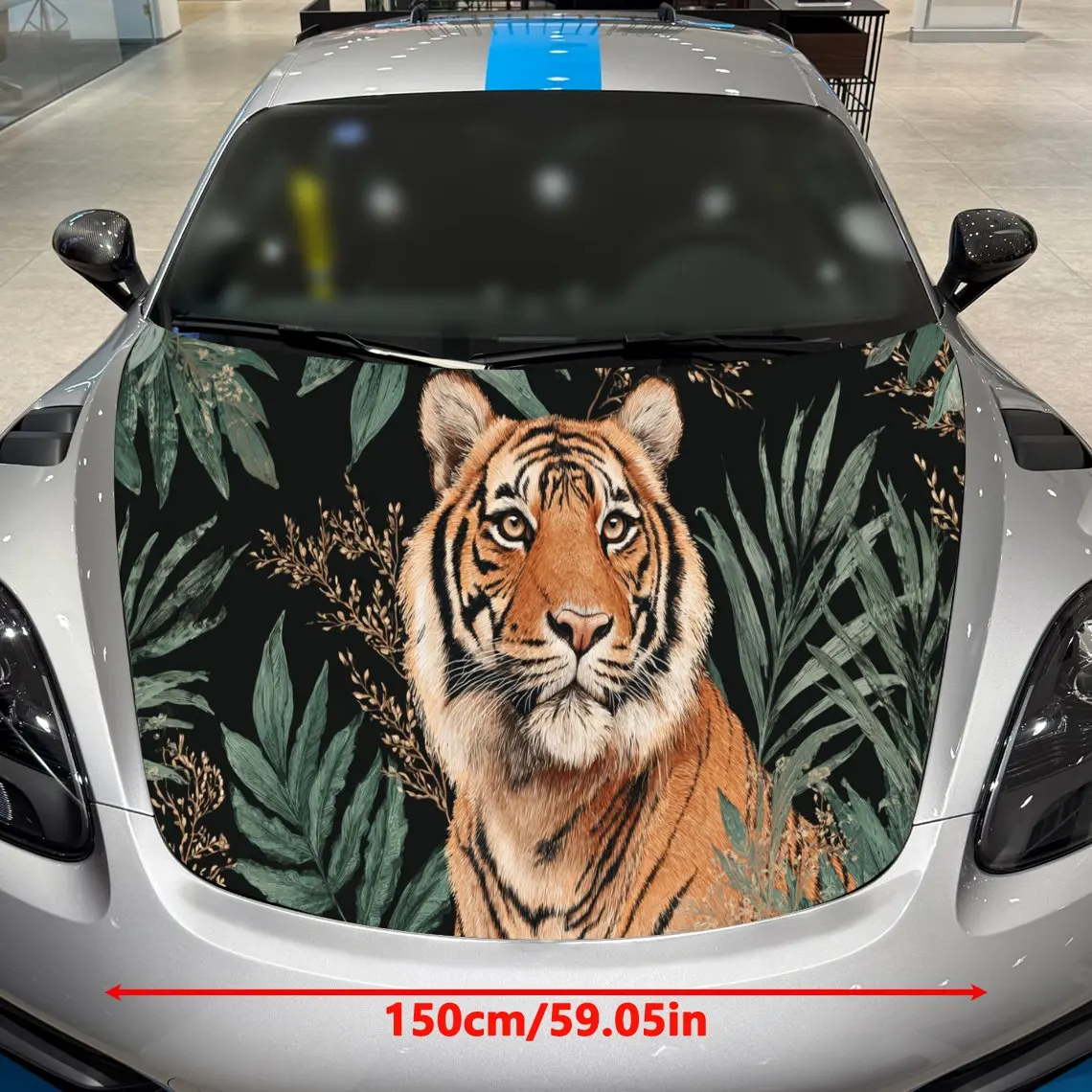 Car Decals A Tiger Design with Verdant Foliage Elements in a Dark, Nature-Infused Textured Background with Artistic, Wild Visual