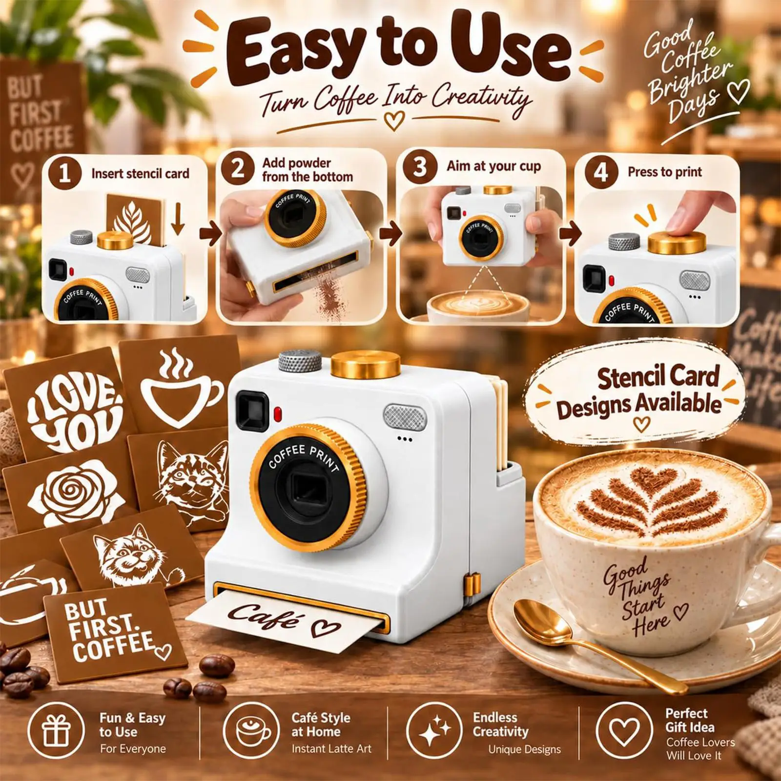 3D Printed Latte Art Camera Retro 3D Printing Cappuccino Foam Device Manual Coffee Stencil Maker Template Cards for Home Cafe