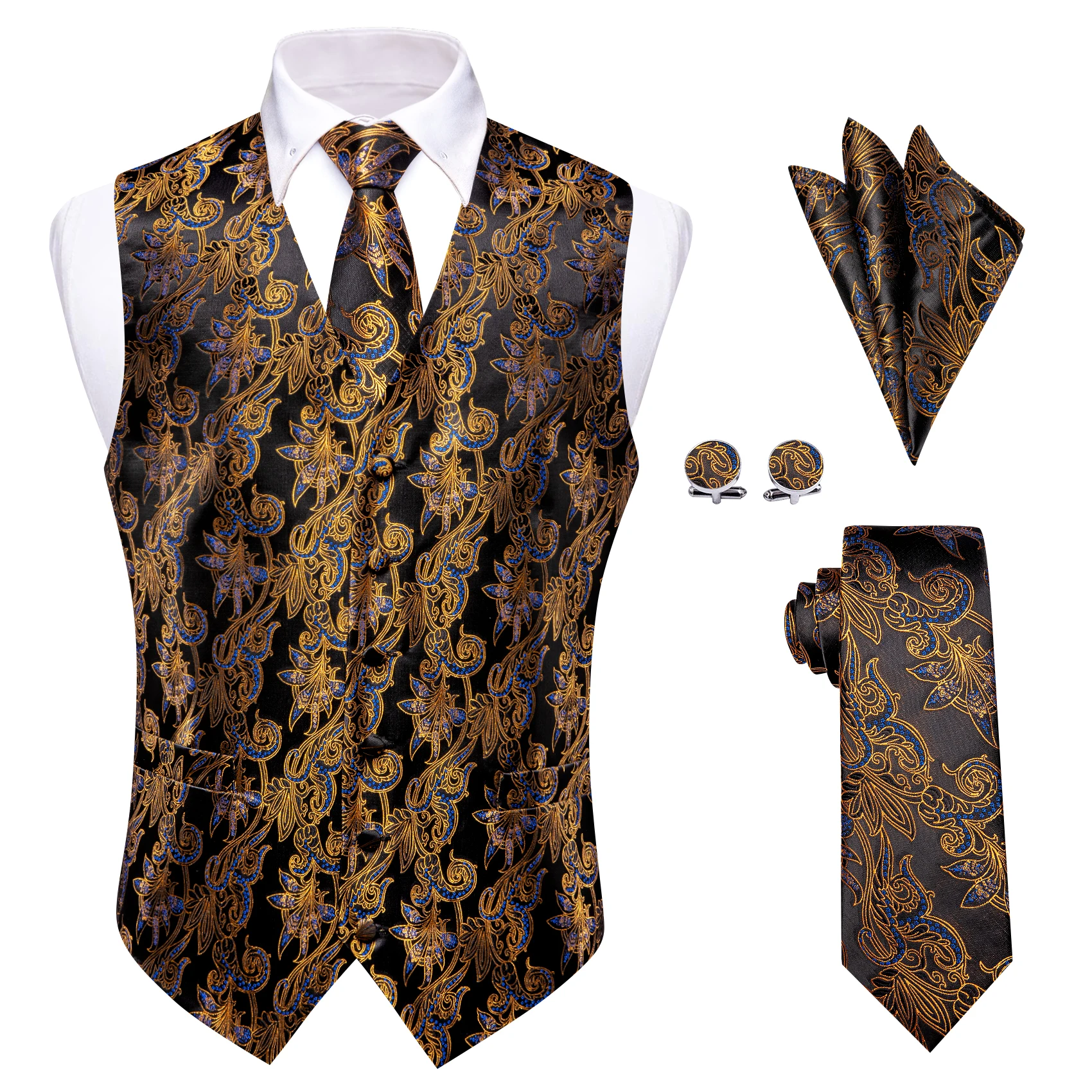 Jacquad Mens Paisley Floral Vest Party Wedding Waistcoat Cufflink Pocket Square Tie Suit Set Purple Green Golden Black