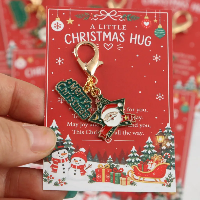 20/24pcs 2dChristmas season five-pointed star Santa Claus letter charm keychain，Comes with a red Christmas-themed greeting card，