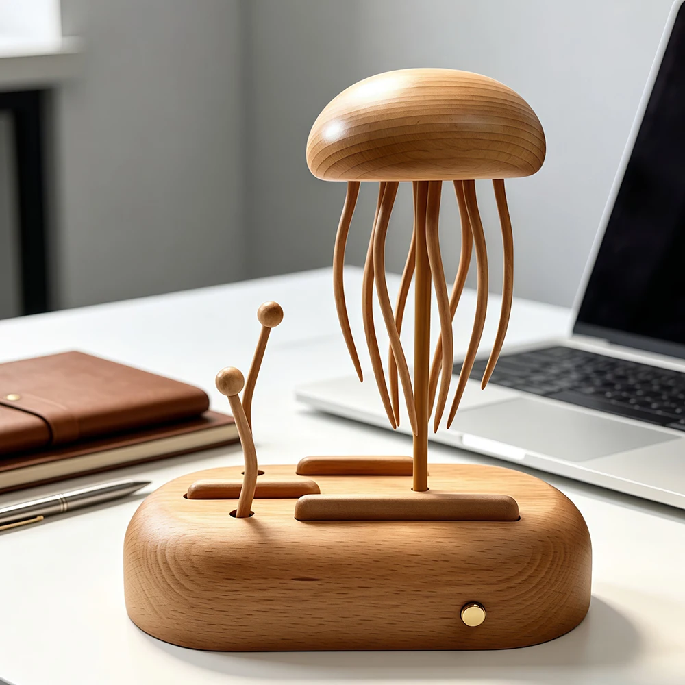 Wood Jellyfish Kinetic Automaton Toy, Handmade Mechanical Sculpture with Flowing Movable Tentacles Home Office Desktop Ornament