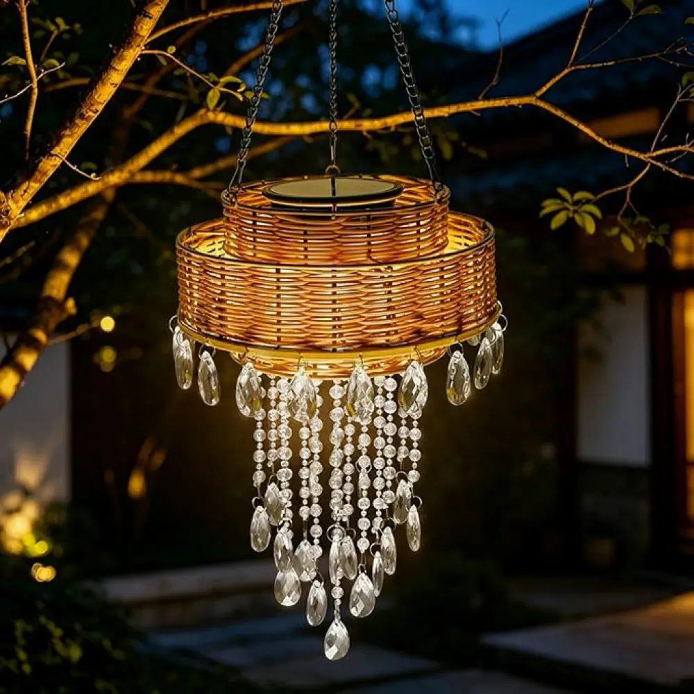 Solar Garden Hanging Light Outdoor LED Pendant Lantern Faux Rattan Crystal Accent For Backyard Porch Decor