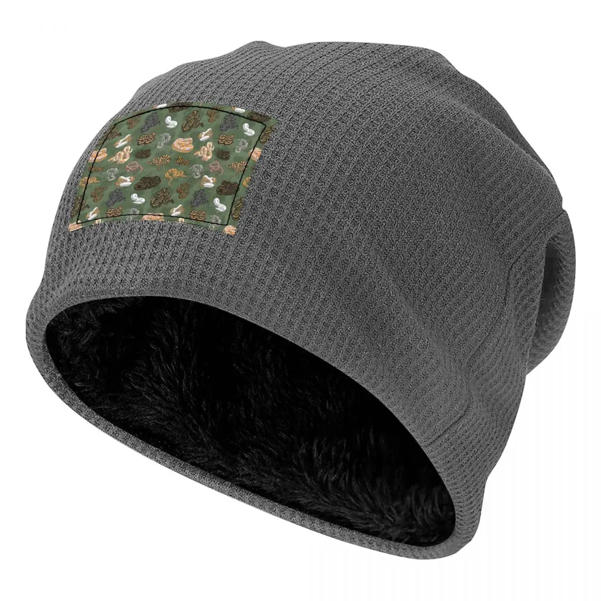 Ball Python Morphs Pattern Moss Green Waffle Knit Fleece Lined Beanie with PU Leather Patch Unisex Warm Winter Soft Cap