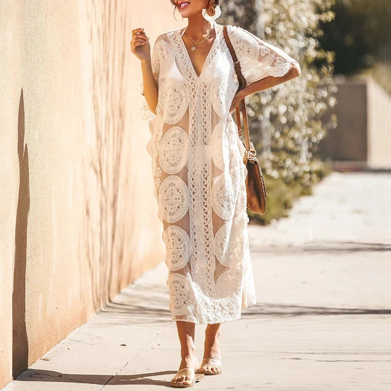 

Summer New Kaftan Robes Sexy Solid Color Lace Hollow Bikini Cover-up Fashion V Neck Batwing Sleeve Transparent Sunscreen Dresses
