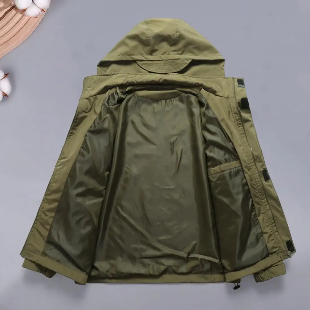 Men Casual Jacket Hooded Long Sleeve Windproof Jacket Multiple Pockets Full Zipper Closure Fastener Tape Trench Coat