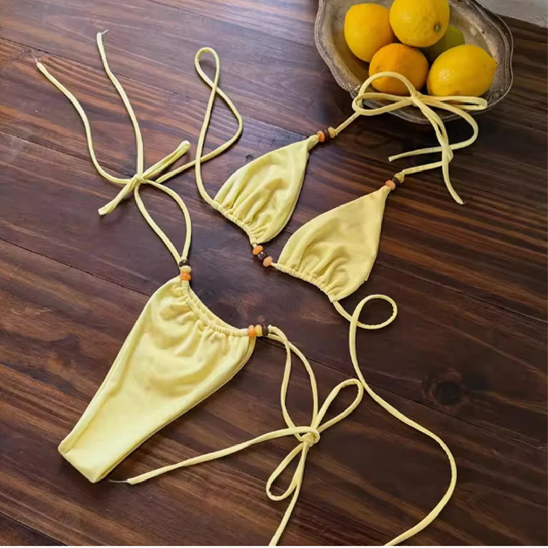 Micro Bikinis 2026 New Sexy Women Three-point Swimsuit Brazilian Biquini Lace-up Swimwear Beads Bathing Suit Female Beachwear