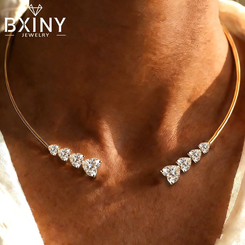 BXINY 13 Karat Herzschliff Moissanit Open Choker Halskette aus 925er Sterlingsilber mit Diamanten Manschetten-Collier für Damen – Edler Schmuck als Geschenk