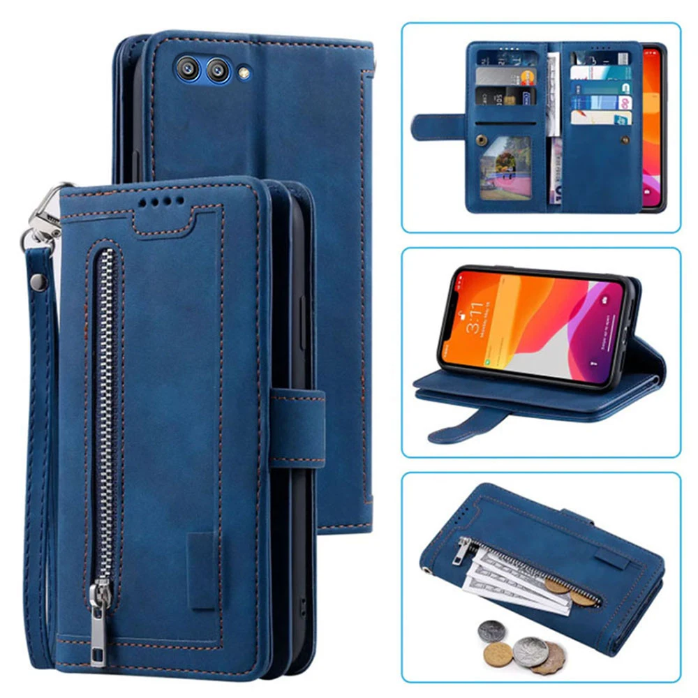 9 Cards Wallet Case For Huawei Honor View 10 Case Card Slot Zipper Flip Folio with Wrist Strap Carnival Huawei Honor V10 Cover