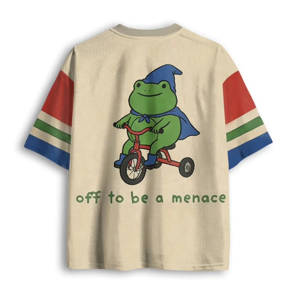 Loose Mesh V‑Neck Sport Jersey Tee, Vintage Cute Wizard Frog Tricycle Funny Slogan Print Multi‑Color Block Casual Street Tops