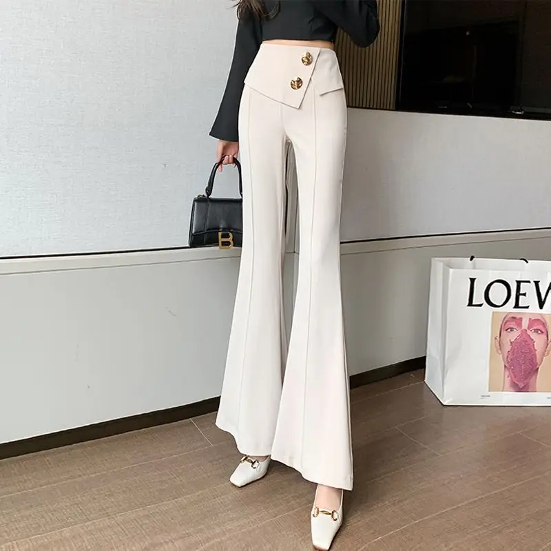 Spring and Autumn Women\'s Solid Color High Waist Slim Button Slim Horn Fashion Casual Office Lady All-match Suit Trousers