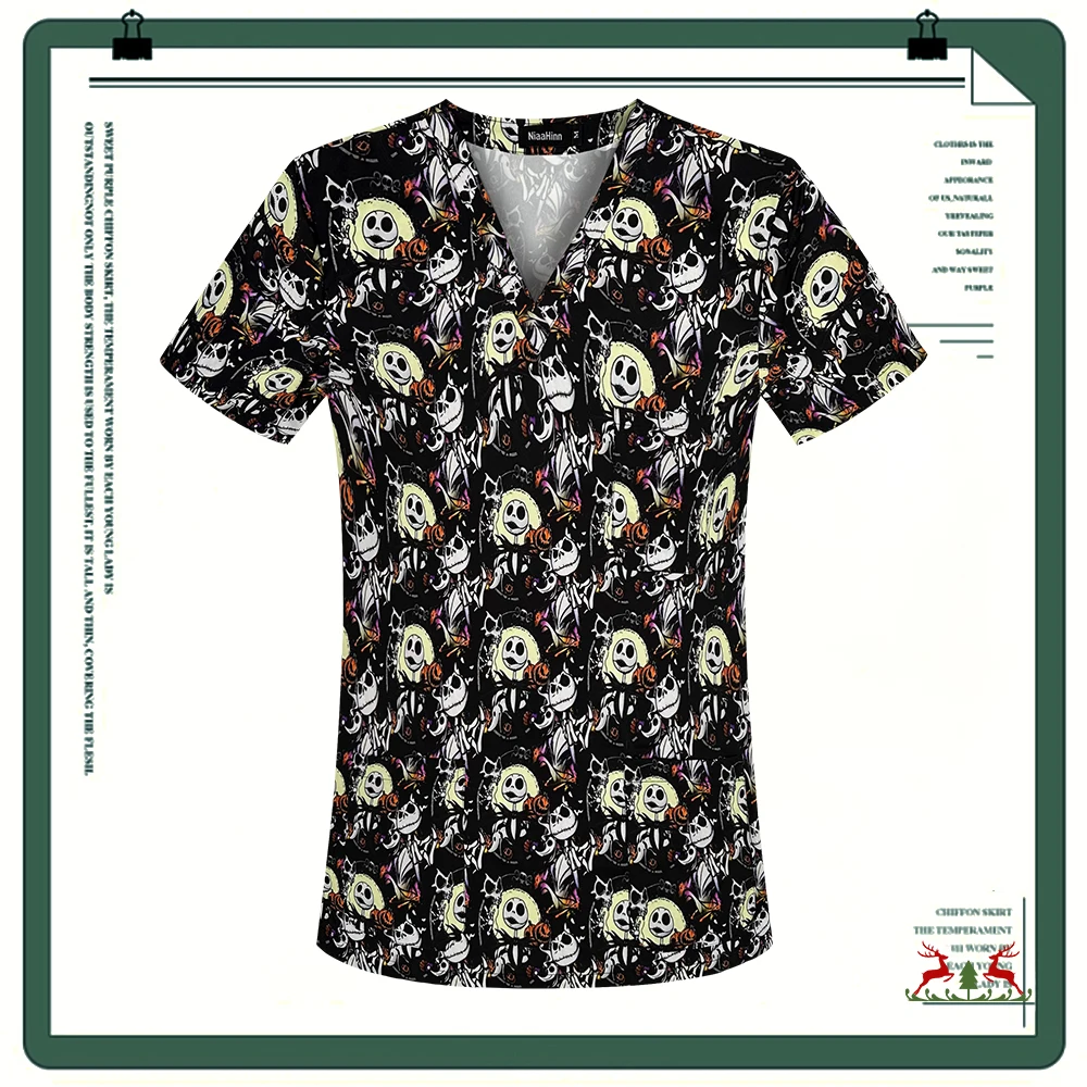 Fashion Scrub Top Medical Nurse Blouse Women Men's Halloween Shirts Print Short Sleeve Cute Fun T-shirts Workwear With 3 Pockets