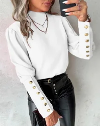 Fashion Lantern Sleeve Button Splicing Shirt Women Elegant Office Commuter O Neck Blouse Female Autumn Spring Daily Casual Tops