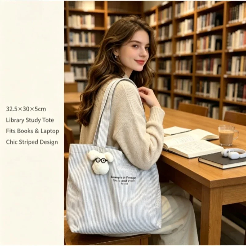 Large Capacity Canvas Bag, New Casual Striped Lazy Simple Commuter Tote Bag, Versatile Shoulder Tote image 5