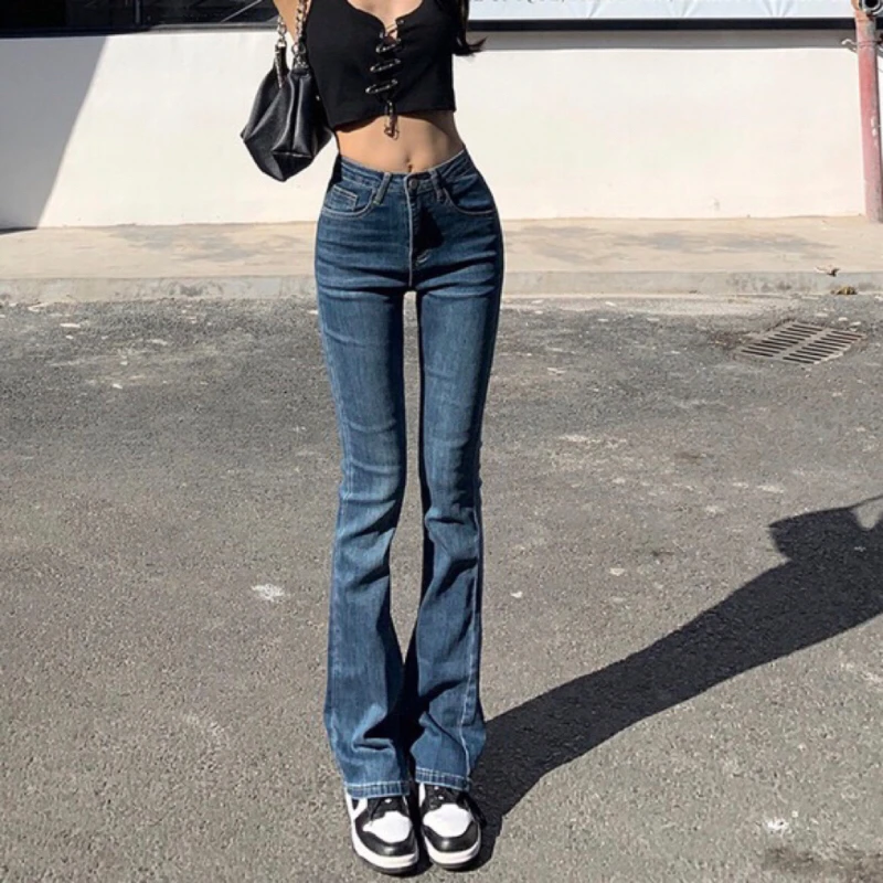 

HYRAX Jeans High Waist Slight Bell-bottoms Spring Autumn New Pattern Straight Self-cultivation Show Thinness Korean Retro Jeans