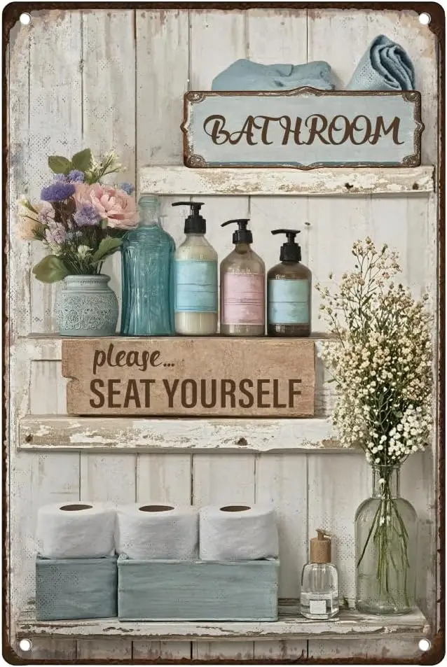 Floral Bathroom Wall Decor Sign Please Yourself Shower Room Metal Tin Sign for Wall Decoration, Vintage Farmhouse Bathro