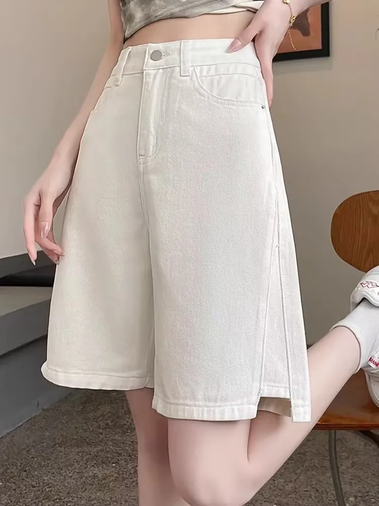 National Embroidery Knee-length Denim Shorts 2025 Women Elegant Split Casual High Waist Shorts Jeans Summer White Denim Shorts