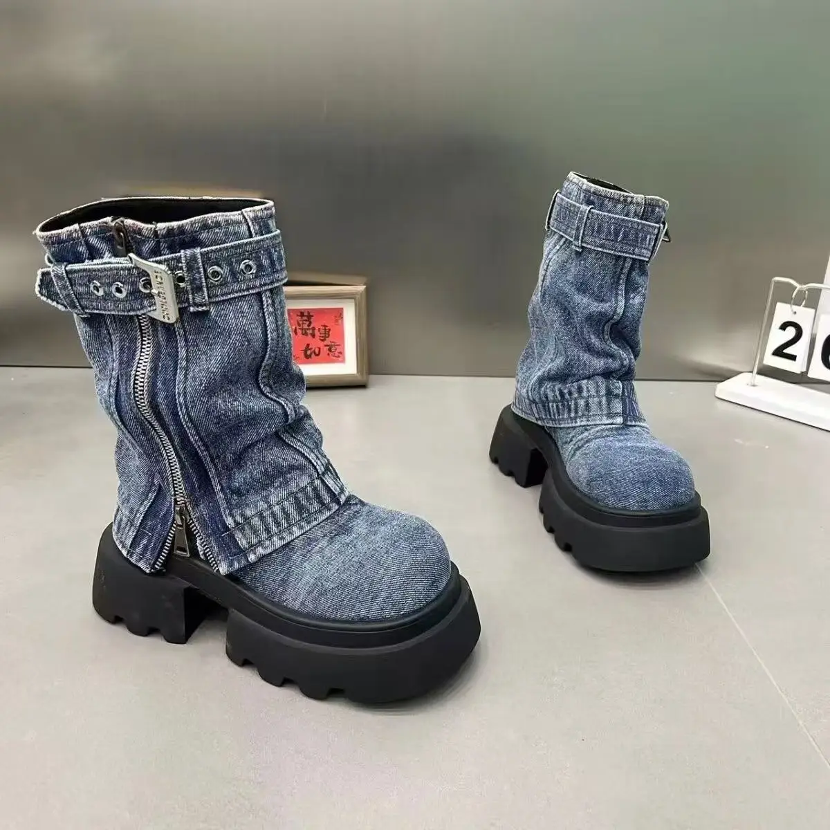 2026 Fall/Winter Denim Women's Boots - Fashionable And Unique Design With Thick Soles And Anti-Slip Laces Women's Shoes
