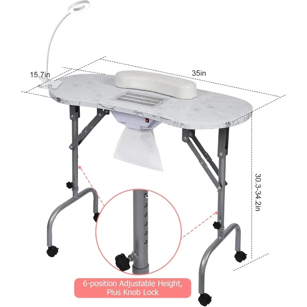 Tavolo per Manicure portatile-scrivania per unghie pieghevole, MDF impermeabile, altezza regolabile, lampada USB, collettore di polveri, postazione di lavoro per unghie