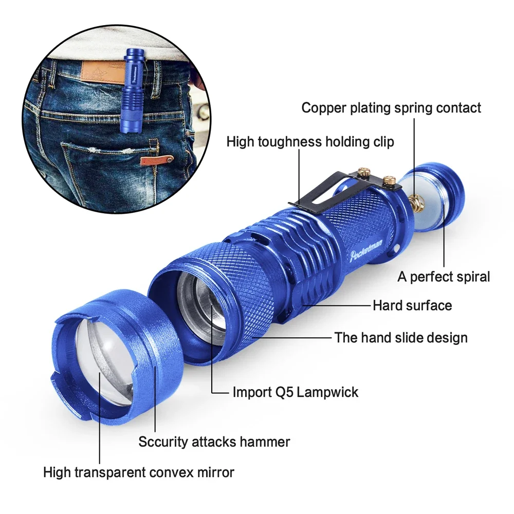 Lanterna LED portátil super brilhante, Zoom durável, Tocha impermeável, Luz do flash tático ao ar livre, Tocha de emergência