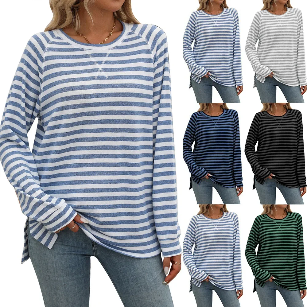 

2024 Autumn New Striped Top Women's Contrasting Round Neck Long Sleeved Loose T-shirt Aesthetic Aesthetic Clothes M