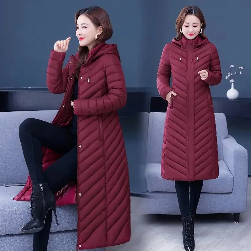 NEW Middle-aged Womens Down Cotton Coat Winter Long Warm Quilted Cotton Jacket Female Casual Hooded Parka Overcoat Purple 5XL