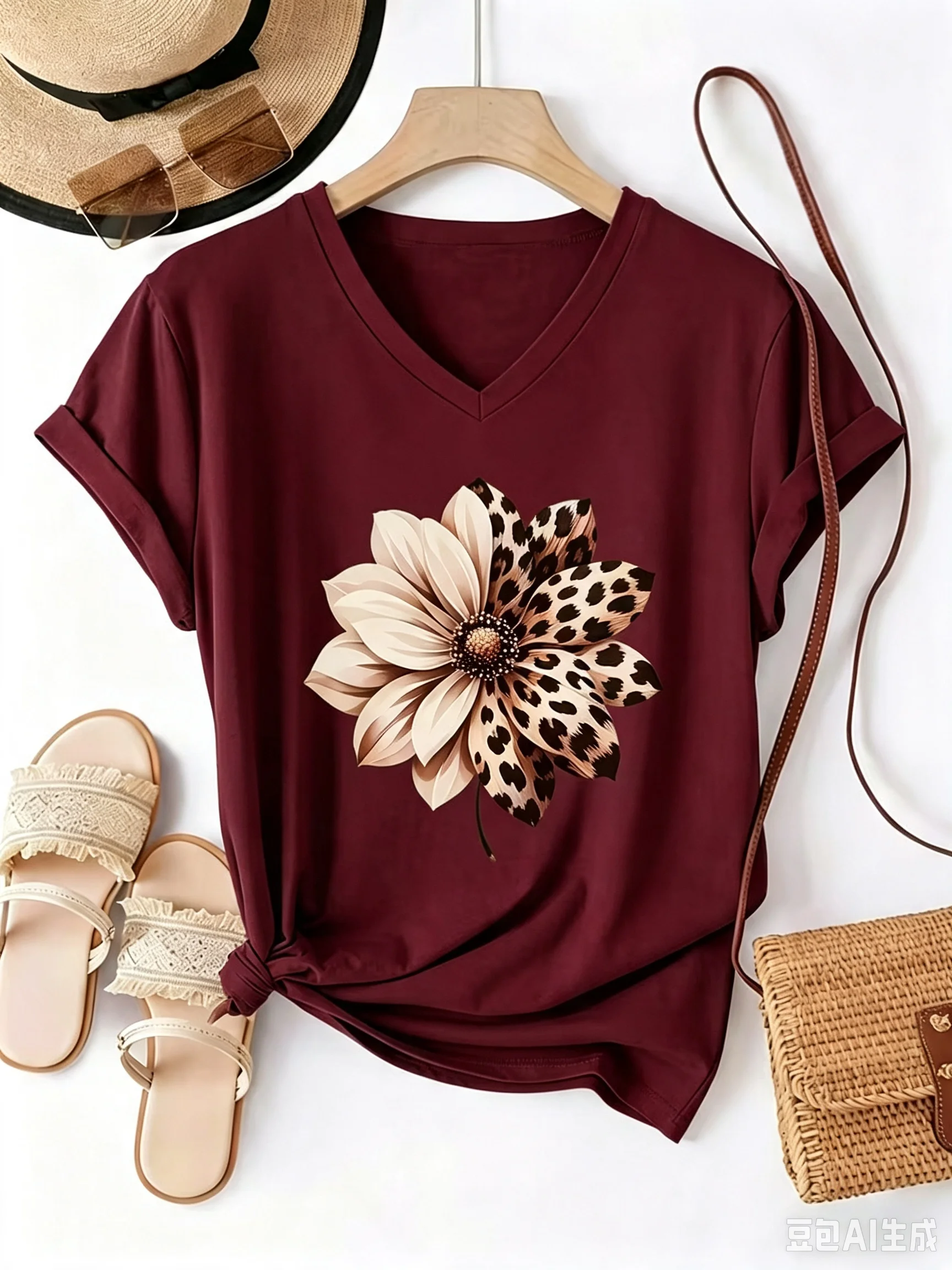 Hot Selling Leopard Print Flowers Printed Women's V-neck T-shirt Fashion Summer Street Y2K Short Sleeved Casual Women Clothing