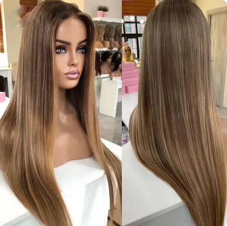 

Chocolate Brown Balayage Synthetic Wig Lace Front Long Black Straight Natural Layered Bangs Preplucked for Daily Wear