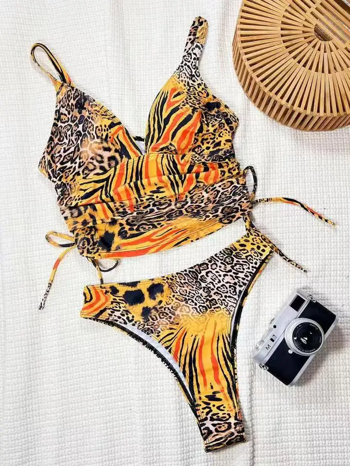 ชุดว่ายน้ำบิกินี่เซ็กซี่แบบผูกเชือก ดีไซน์ดันทรง ชุดว่ายน้ำสองชิ้นลายเสือดาว ชุดชายหาดสำหรับผู้หญิง