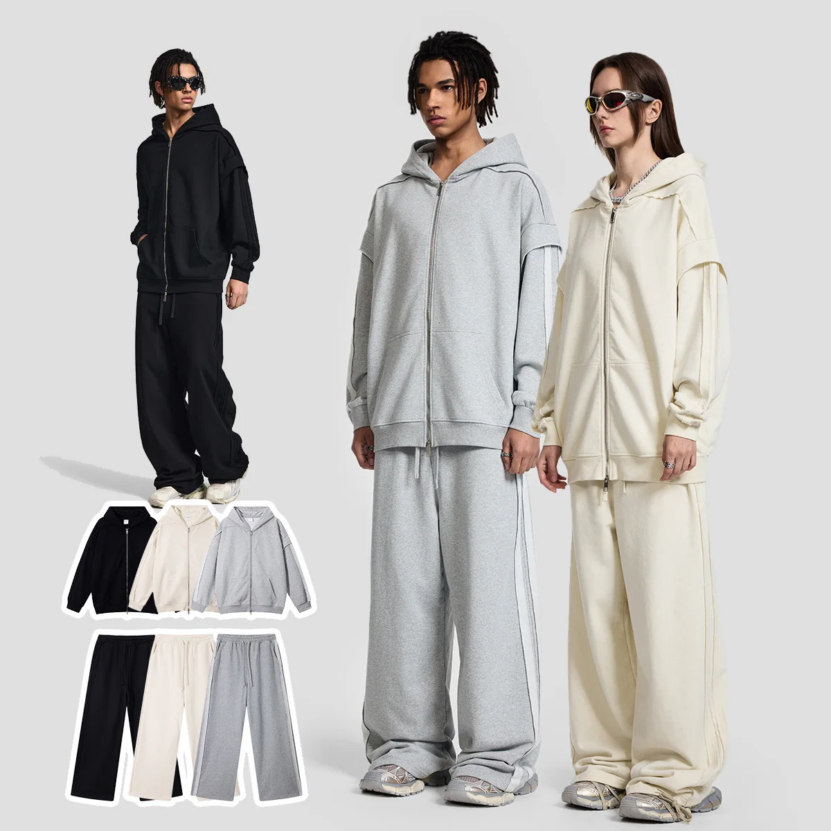 

Men Women Streetwear Loose Casual Sport Hooded Sweatshirt Jacket Pant Sets Couple Hoodie Coat Sweatpant Tracksuits Hoody Trouser