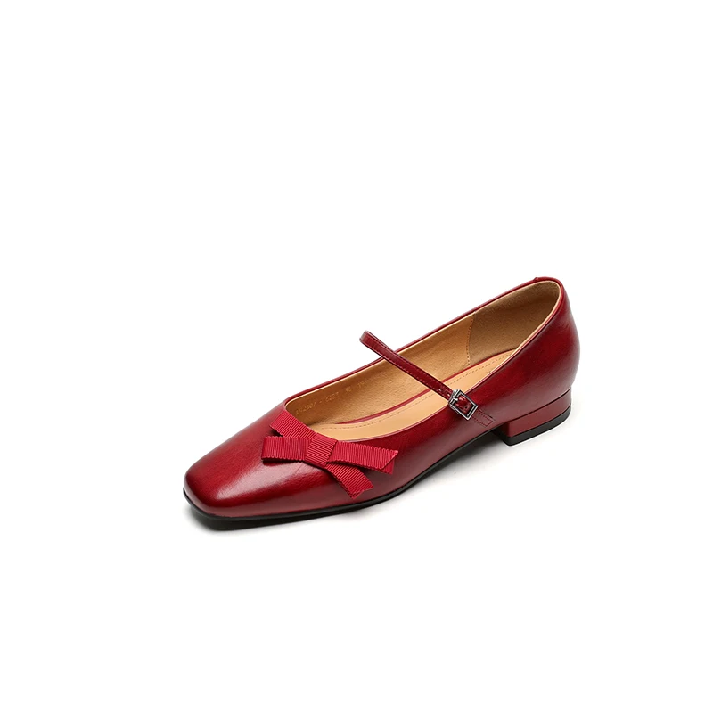 

Fashion Low Heel 2cm Mary Jane Shoes Square Toe Buckle Bow Genu Cow Leather Sheepskin Insole Rubber Sole Khaki Red Silver