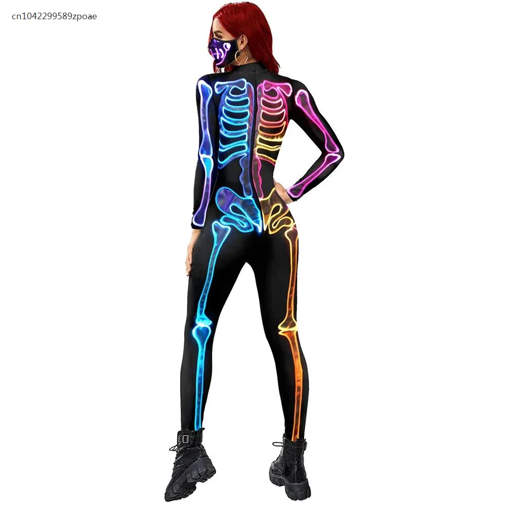 2024 Halloween Cosplay Kostuums Fluorescerende Skelet 3d Print Bodysuits Vrouwen Sexy Slanke Elastische Jumpsuit Lange Mouwen Catsuit