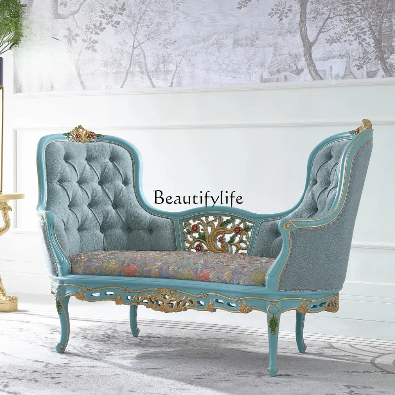 ls51Retro French solid wood chaise longue European master bedroom bedside stool cloth casual single chair