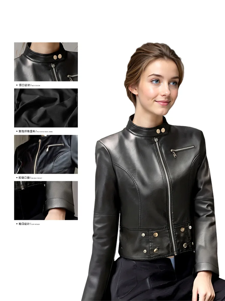 2025 가을 신상 여성 가죽 재킷 숏 가죽 코트 모터사이클 코트 가죽 재킷 지퍼 여성 의류