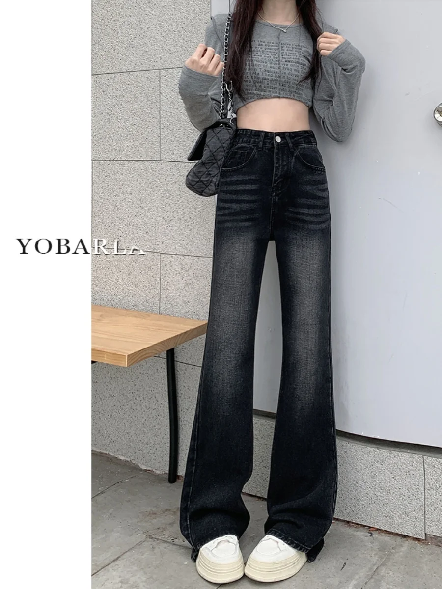 جينز نسائي واسع الخصر سروال جينز نسائي مرن فضفاض للتخسيس طويل من القطن المطاطي من قماش الدنيم مقاس كبير