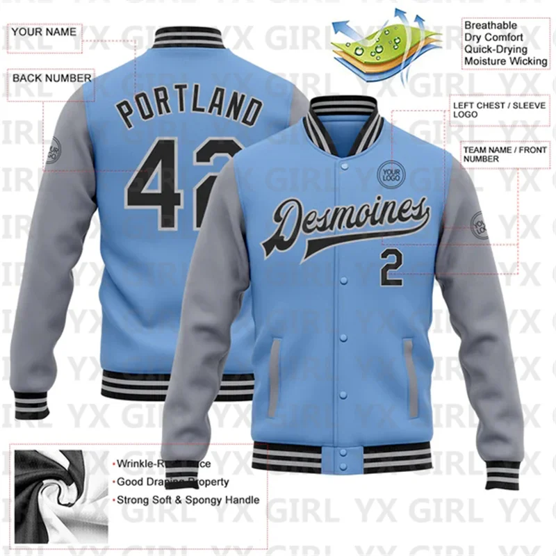 Custom Light Blue Black-Gray Bomber Full-Snap Varsity Letterman Two Tone Jacket 3D Bomber