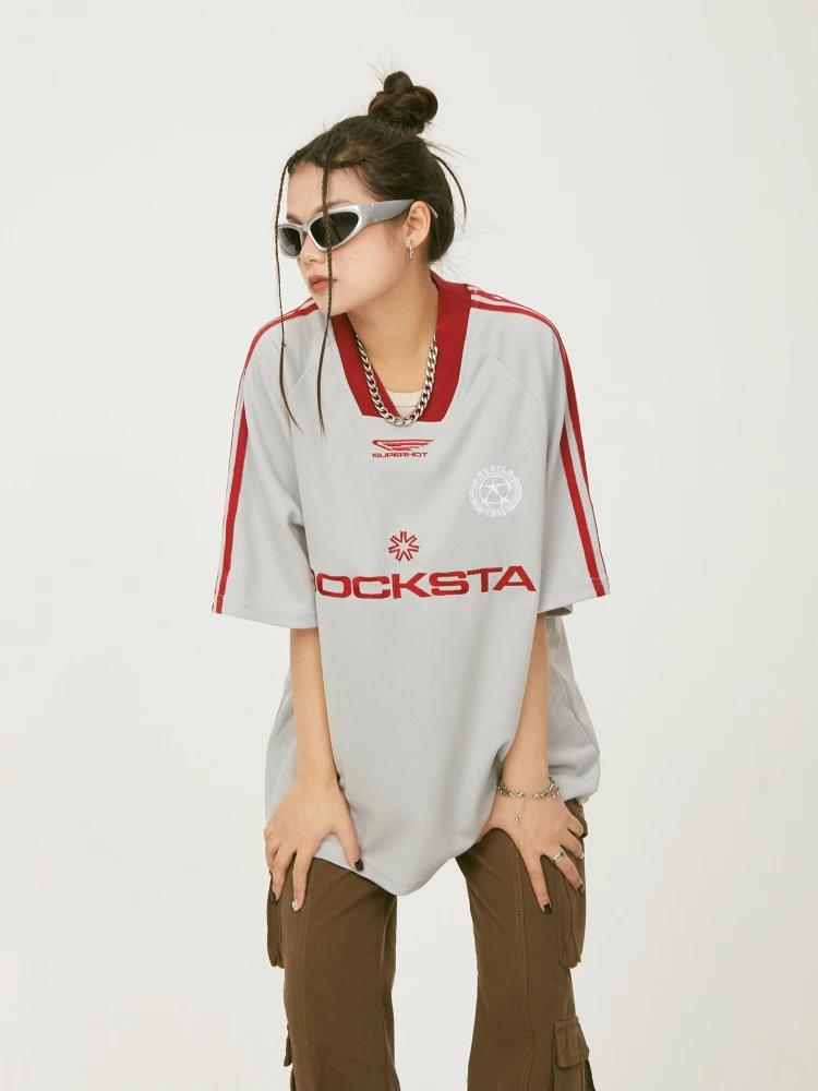 ADAgirl Retro Baseball T-Shirts for Women Oversized Sport Short Sleeve Tees Letter Female Tops Moto style Bikercore Kpop Clothes